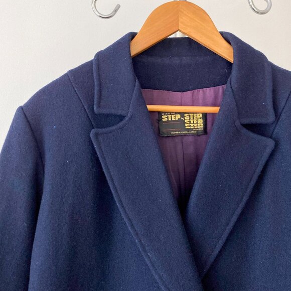 ❄️ 90s Vintage Chic Navy Blue Minimalist Boxy Double-Breasted Pea Coat - Picture 3 of 7